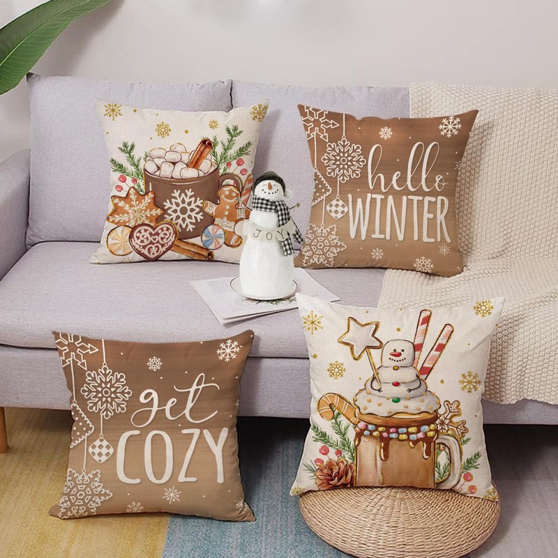Hello Winter Brown Decorative Throw Pillow Covers 18 x 18