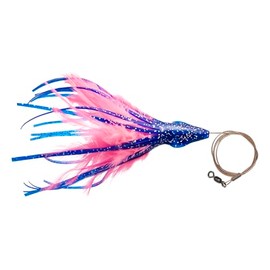 No Alibi, Dolphin Delight Rigged & Ready, Blue/Pink Skirt, 1/4 oz / 7.0 g Lead Head, 4.5 in / 11.4 cm, 7/0 Hook, Swivel, 135 lb / 61 kg Cable, 3 ft / 0.9 m