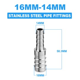 ERGAOBOY 5 Pcs 304 Stainless Steel Pipe Fitting 16MM to 14MM Reducing Hose Barb Adapter, Barb Splicer Union Mender Coolant Intercooler Connector for Water Fluid Air