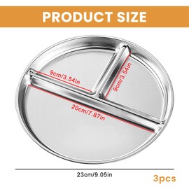 SPORWAY Pack of 3 Stainless Steel Children's Plates: Stainless Steel Plate Baby, 22.5 cm Plate with Division, 3 Sections Stainless Steel Plate, Portion Control Plate, for Picnic Eaters, Campers