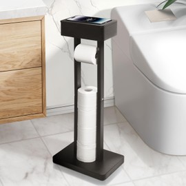 LINKLIFE Black Standing Toilet Paper Holder with Storage, Regular Toilet Paper Roll Holders Freestanding, Bathroom Stand with Top Shelf, Bath Tissue Accessories Organizer, Spare 3 to 5 Rolls