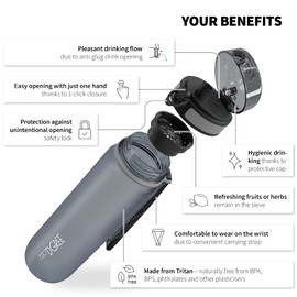 720°DGREE Water Bottle 1l “uberBottle“ softTouch +Sieve - BPA-Free Tritan, Leakproof, Reusable Drinking Bottle - Sports Bottle for Men, Woman, Office, Gym, Fitness, Outdoor, Hiking, Cycling, Travel