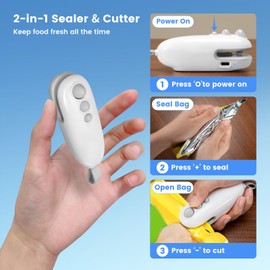 Mini Bag Sealer, 2 in 1 Type-C Rechargeable Heat Sealer and Cutter, Portable Handheld Vacuum Food Storage Sealer for Chip Bags, Plastic Bags, Snack Bags (White)