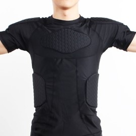 Jellybro Mens Padded Compression Shirt Chest Rib Protector Boys Football Training Shirt for Basketball Soccer Paintball Rugby Black