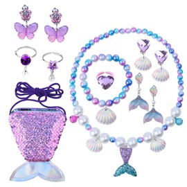 GTNCE 12-Piece Mermaid Jewellery Set for Girls, Children's Jewellery Set with Necklace, Bracelets, Rings, Earrings and Mermaid Fin, Girls' Bag, Princess Jewellery for Birthday and Party, Plastic, No