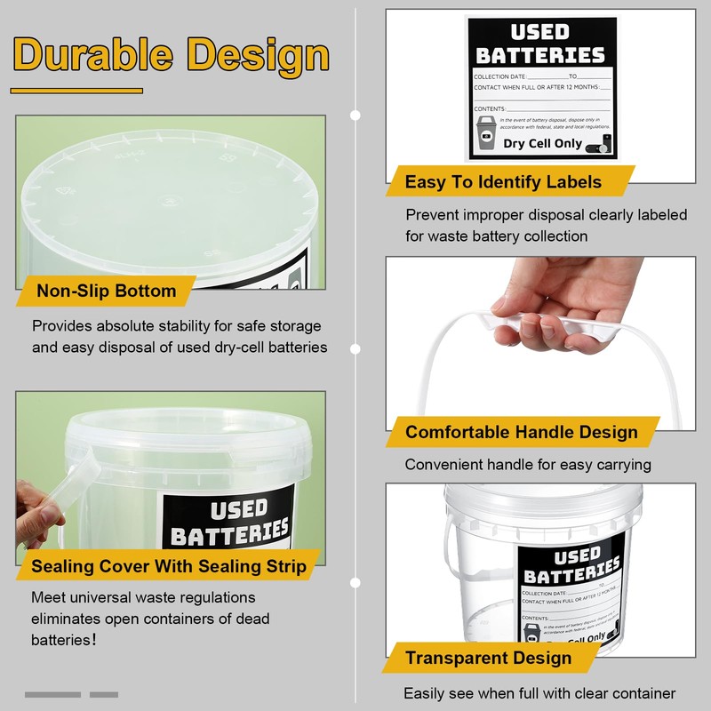 Baderke Battery Disposal Container Battery Recycling Container 1.32 Gallons Capacity