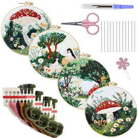 4Pcs Embroidery Kit Beginners Embroidery Kits for Adults DIY Starter Kit Needlepoint Kit with Scissors Embroidery Hoops Needle Threads Plants Floral Pattern Cross Stitch Kits Hand Crafts Sewing Hobby