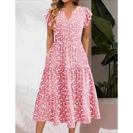 Zeagoo Pink and White Floral Dress Womens Summer Midi Dresses Short Sleeve Beach Sundress with Pockets V Neck Tiered Dress Womens Vacation Dresses L