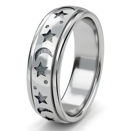 TJC Fidget Ring - 925 Sterling Silver Anxiety Rings - Spinner Rings for Women & Men - 360° Spinning Rotatable Ring to Relieve Stress & Worry - Moon & Star Design - Platinum Plated - Size Z