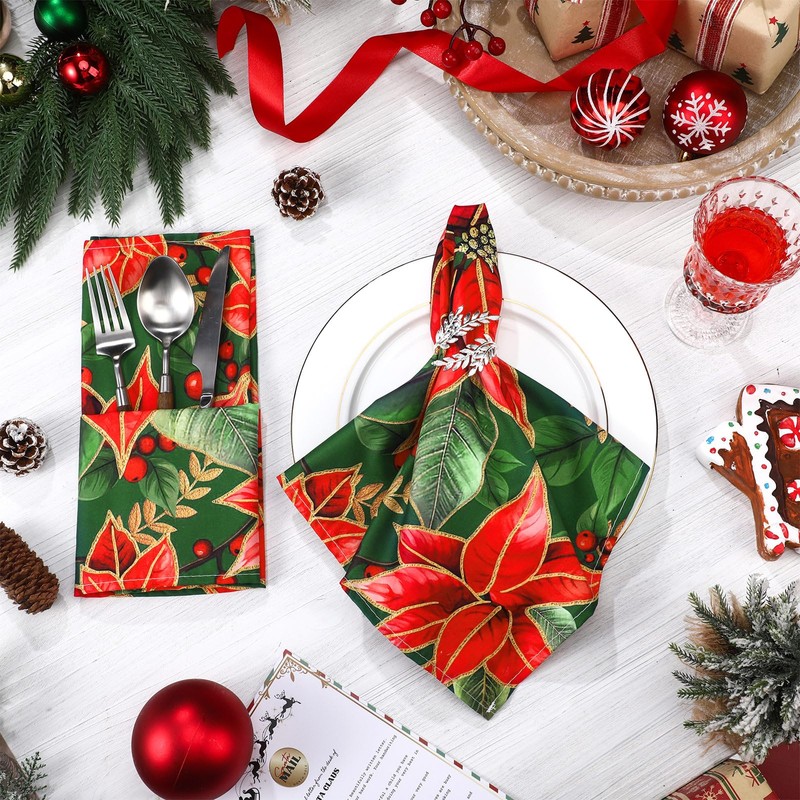 12 Pcs Christmas Poinsettia Cloth Napkins 20x20 Washable Dinner Red