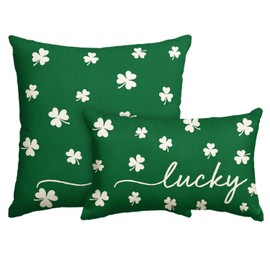 AVOIN colorlife St Patricks Day Lucky Clover Throw Pillow Cover Set of 2, 12 x 20 and 18 x 18 Inch Shamrock Green Cushion Case Decoration for Sofa Couch