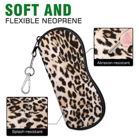 MoKo Eyeglasses Case, (2 Pack) Soft Zippered Neoprene Sunglasses Pouch Protective Eyewear Case Bag with Clip for Men and Women, Black and Leopard