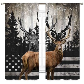 TKUYO Rustic Deer Curtains, Camo Forest Hunting Deer Elk Moose USA American Flag Farmhouse Rural Country Man Cave Blackout Window Drapes Treatments for Bedroom Living Room 2 Panels Set, 42"x45" Inch