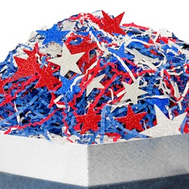 8.5 oz / 240g Patriotic Grass Basket Filler Bulk, Red White Blue Crinkle Cut Paper Shred with Stars for Gift Box, Basket Filling for DIY Crafts, 4th of July Independence Day Memorial Party Decorations