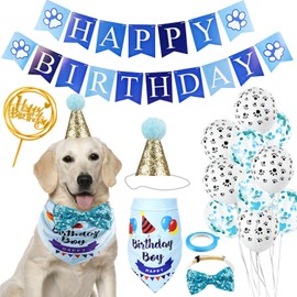 Dog Birthday Party Supplies with Dog Birthday Bandana, Dog Birthday Boy Hat,Scarf, Birthday Banner, Balloons and Bow Tie for Dog Birthday Party Decorations