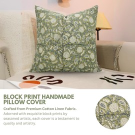Fabritual Handmade Block Print Cotton Linen 24"X24" Throw Pillowcase Cushion Cover, Home Décor, Living Room, Sustainable for Sofa and Couch, Fall Decoration, Floral Printed, Gopi, Gray
