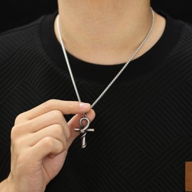 Rockyu Men's Stainless Steel Snake Motif Cross Necklace Silver Chain Snake Cross Pendant Gothic Accessory Birthday Gift