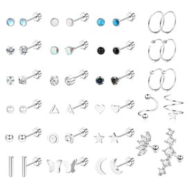 Thunaraz Surgical Steel Flat Back Stud Earrings for Women Men Hypoallergenic Cartilage Earrings Stud Hoops CZ Star Moon Heart Screw Back Earrings 20G Silver