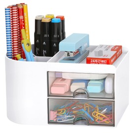 LETURE Desk Organizer Office Supplies Caddy with Pencil Holder and Drawer for Desktop Accessories, Business Card/Pen/Pencil/Mobile Phone/Stationery Holder Storage Box (White)