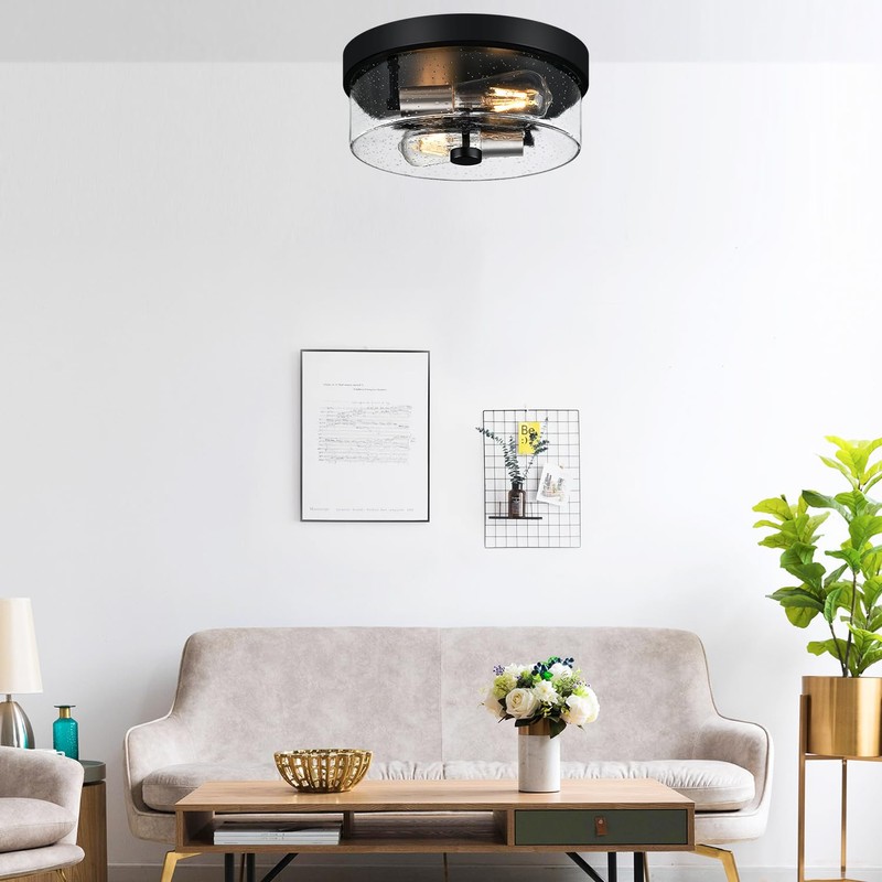 Flush Mount Ceiling Light Fixtures, 2-Light Black and Silver Ceiling