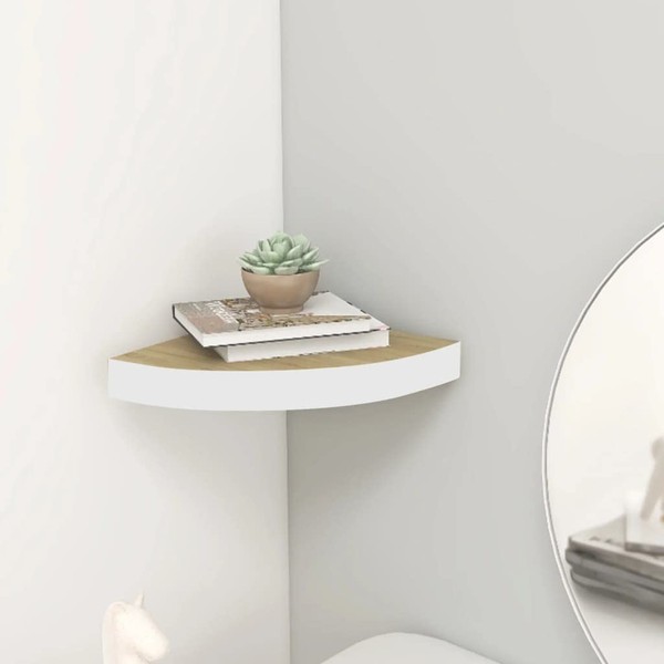 Wall Corner Shelf Oak and White 13.7"x13.7"x1.4" MDF, Wall Shelves
