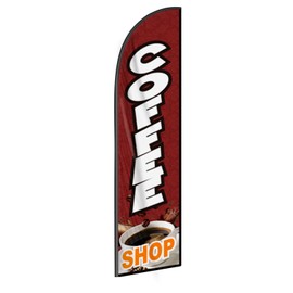 Coffee Shop Feather Flag Banner - 11.5x2.5 Ft Advertising Swooper Flag for Outdoor Business and Events Promotion - Coffee Signs Windless Full Sleeve Banner for Restaurants, Diners, Markets