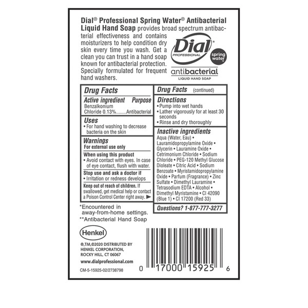Dial Complete Spring Water Antibacterial Liquid Hand Soap, 128 Fl oz Refill Bottle (Pack of 1)