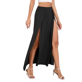 Zando Women's Plus Size Black Double Slit Maxi Skirt - High Elastic Waist Flowy Long Split Skirt XX-Large