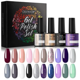 Gelfavor 24 Pcs Gel Nail Polish Set with 10ML Glossy & Matte Top Coat and Base Coat and Primer, Gray Nude and Purple Glitter uv Gel Nail Varnish Starter Manicure Kit