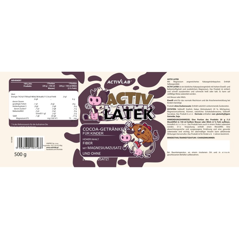 Activlab Activlatek Zuckerfreies Kakaogetränk 500 g, reich an Eiweiß, Ballaststoffen