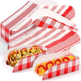 Havawish 120 Pack Checkered Hot Dog Trays Disposable Corn Dogs Serving Paper Food Trays Bulk 2LB Open Design Paper Food Holder for Party Favor Snacks Sandwich BBQ Fries Nachos Containers(Red)