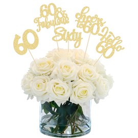 Gyufise 15Pcs 60th Birthday Centerpiece Sticks Sixty Happy 60th Table Flower Centerpieces Sticks Cheers to 60 Floral Decorations for 60th Birthday Party Centerpieces Supplies Gold