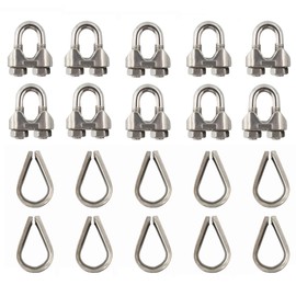 PDETVEO 10PCS 1/4" Wire Rope Clamps, M6 Wire Rope Cable Clip, 304 Stainless Steel Wire Rope Clip and Thimble Set