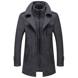 chouyatou Men's Gentle Layered Collar Single Breasted Quilted Lined Wool Blend Pea Coats (Large, B-Grey)