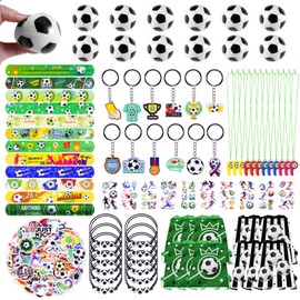 132Pcs Soccer Party Favors,12Pcs Soccer Drawstring Bags,12Pcs 2.4 Inch Mini Soccer with Soccer Keychains Stickers Bracelet Whistle Slap Bracelets Tattoo Stickers for Soccer Party Decorations Supplies