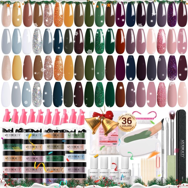 AZUREBEAUTY 170Pcs Dip Powder Nail Kit Starter 36 Colors Dark Brown Green Glitter Fall Winter Dipping Powder with Dip Liquid Set + Nail Removal Accessories Set for Home Manicure Christmas Gift