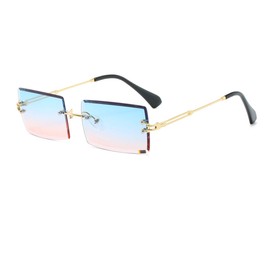 YOJUED Retro Rectangle Sunglasses for Women and Men Fashion Vintage Small Square Glasses Rimless Frames Tinted Lens Eyewear UV400 Protection (Blue Pink)