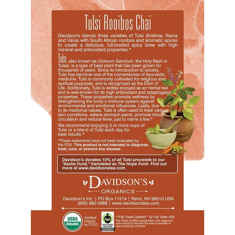 Davidson's Organics, Tulsi Rooibos Chai, 8-count Tea Bags, Pack of