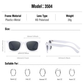 TIANYESY Square Polarised Sunglasses for Men Women UV Protection Unisex Retro Sunglasses Man for Driving Hiking Fishing Sports (White frame/gray lens)