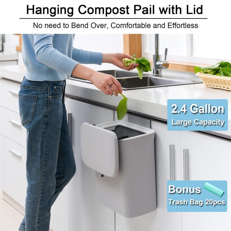 Tiyafuro 2.4 Gallon Kitchen Compost Bin for Counter Top or