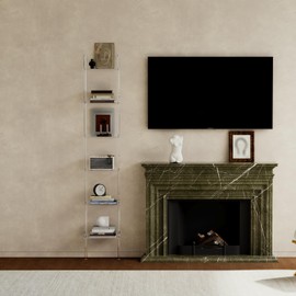 CRTERICX Small Acrylic Ladder Bookshelf, 9.5" D x 15.6" W, 6-Tier Clear Wall Mounted Book Shelf for Small Spaces, Multipurpose Bookcase for Living Room, Bathroom, Office, Modern, 86" H