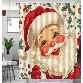 ubcindy Jolly Santa Claus Shower Curtain, Merry Christmas Santa Claus Holly Xmas Shower Curtain Set with 12 Hooks, Bath Curtain for Bathroom Decor, Washable Durable Waterproof Fabric, 71x71 Inch