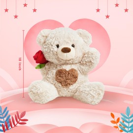 Wanwu World Rose Teddy Bear Stuffed Animals Soft Plush Toy Teddy Bear with Rose Gift for Mother Girlfriend Birthday Wedding 9.5", White