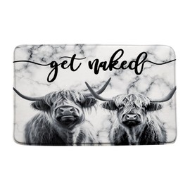 Highland Cow Bath Mat Funny Longhorn Grey Marble Texture Wildlife Bull Rustic Animal Western Farmhouse Bath Rugs for Bathroom Kitchen,17.8x29.5 Inch