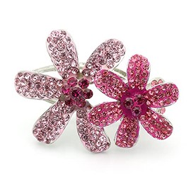 Medium Decorative Hair Clip Rhinestone Crystal Double Flowers Hair Pin Claws, Pink