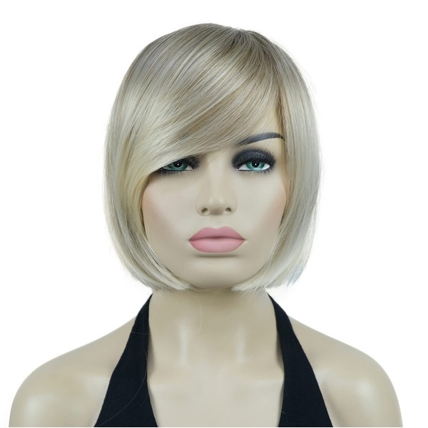Lydell 8 Inch Long Straight Short Wig Bob Hair with Bangs Cute Center Point Top Heat Resistant Synthetic Hair Wig (15BT613 Brown Blonde Mix)