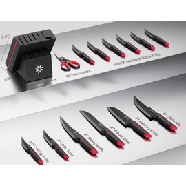 Knife Set - 15 PCS Kitchen Knife Set with Built-in Knife Sharpener Block - Stainless Steel Knife Block Set - Dishwasher Safe, Elegant Box for Men Women, Red