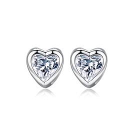 Heart Shaped Cubic Zirconia Stud Earrings - 925 Sterling Trendy Silver Studs - Minimalist CZ Stone Heart Fashion Earrings for Women