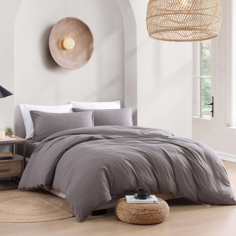 LANE LINEN Single Duvet Cover Set Grey - Pre Washed