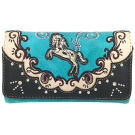Zelris Western Mustang Horse Turquoise Women Crossbody Wrist Trifold Wallet (Turquoise)